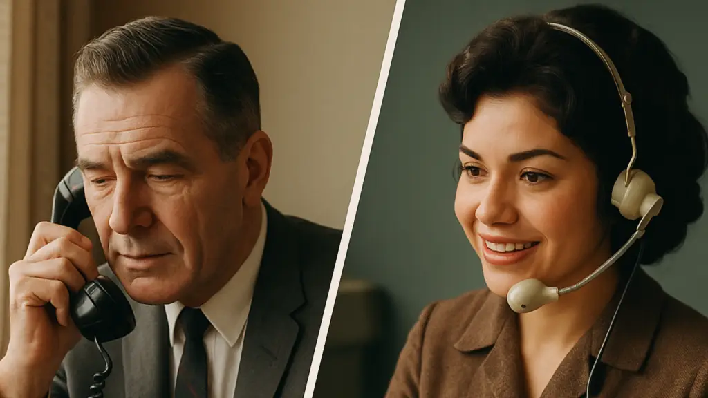 Contact centers interaction between a business owner and a call center agent in the 60s